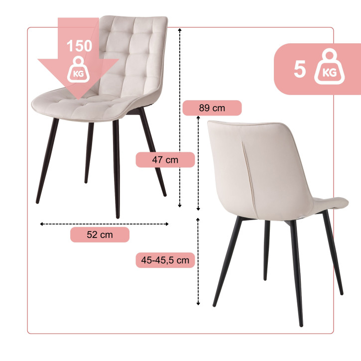 BHS LIVING Esszimmerstuhl, Küchenstuhl, Stuhl für den Wartebereich SERENA Polstersessel mit Samtstoff elfenbein 55x53x88 cm
